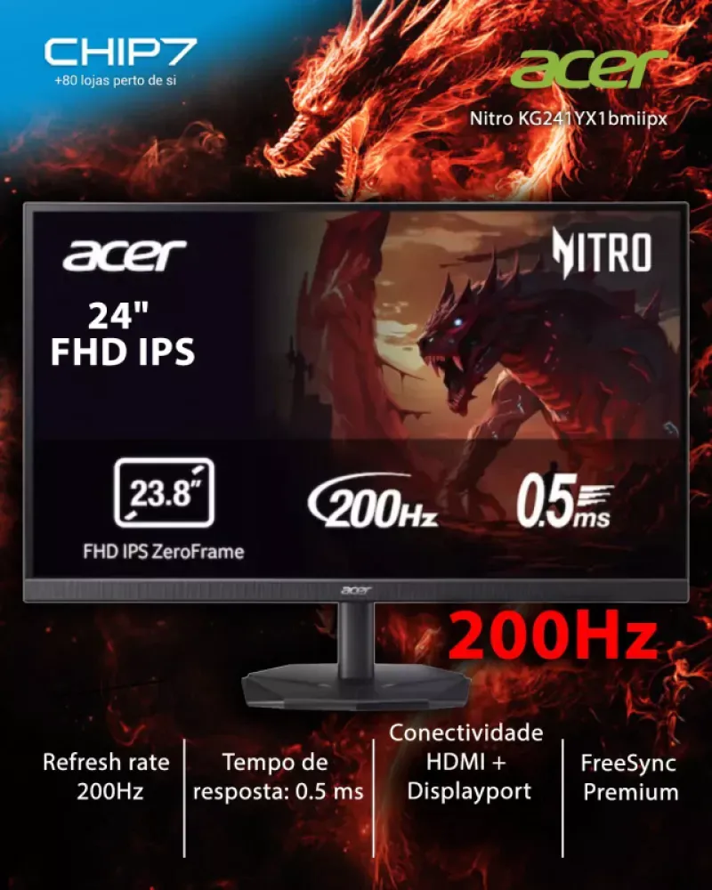 Monitor ACER - 24" IPS / Full HD / 200Hz / 0.5MS - KG241YX1bmiipx