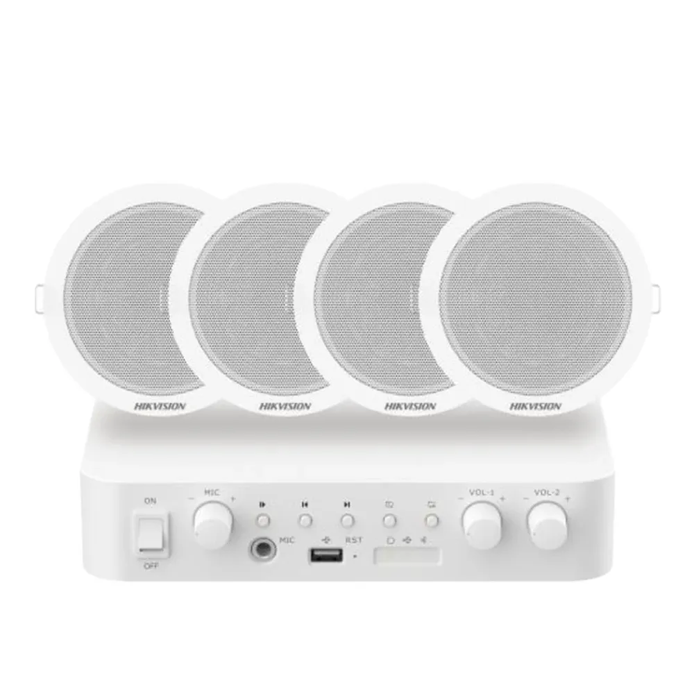 Kit de Áudio Hikvision DS-QAE0KA60206-4 4x Altifalantes 6W 91dB 1x Amplificador 60W 80Hz ~ 20 kHz Branco