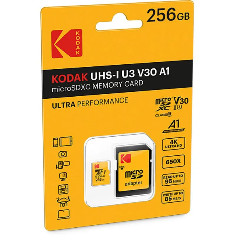 Kodak Ultra Perfomance Cartão de Memória Micro SDXC 256GB UHS-I U3 V30 A1 com Adaptador