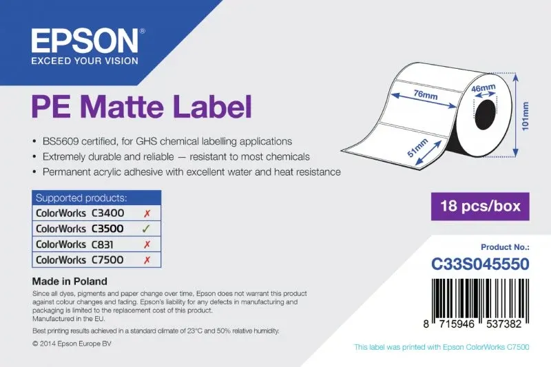 EPSON ROLO DE ETIQUETAS PE MATTE 76MMX51MM 535 UNIDADES #PROMO VAL AO STOCK EXIS
