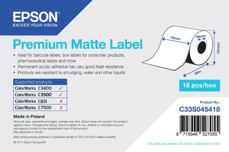 EPSON ROLO ETIQUETA PREMIUM MATTE 76mmx35m TM-C3400 series