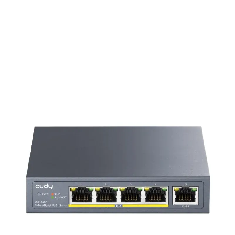 Switch CUDY 5 portas Gigabit Ethernet 4 PoE+ 10 Gbps Rack sem ventoinha AC/DC