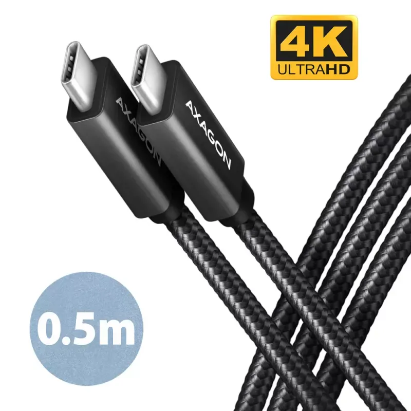 Cabo de carregamento AXAGON BUCM32-CM05AB USB-C <-> USB-C 3.2 Gen 2, 0.5m, PD 100W, 5A, 4K HD, ALU, braid, Preto