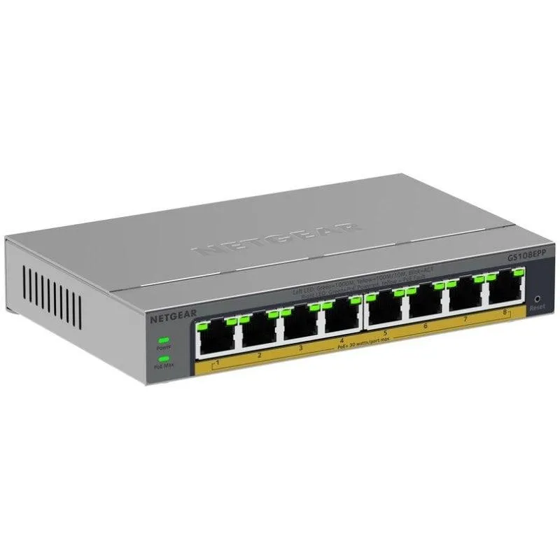 Switch Netgear GS108EPP 8 Portas Gigabit PoE+ Montagem Parede/Secretária