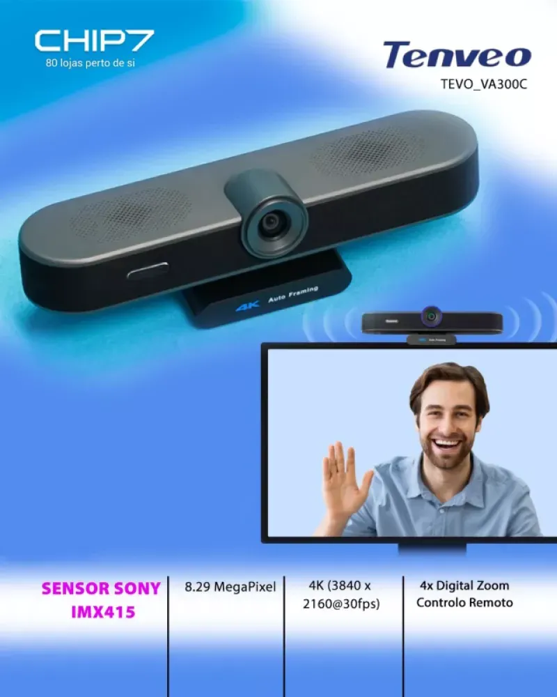 WEBCAM Tenveo 4K / 8.29 MP / Colunas / Microfone / Voice Tracking / Controlo Remoto - VA300C