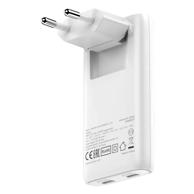 VERBATIM CARREGADOR FOLD 65W 2xUSB-C WHITE