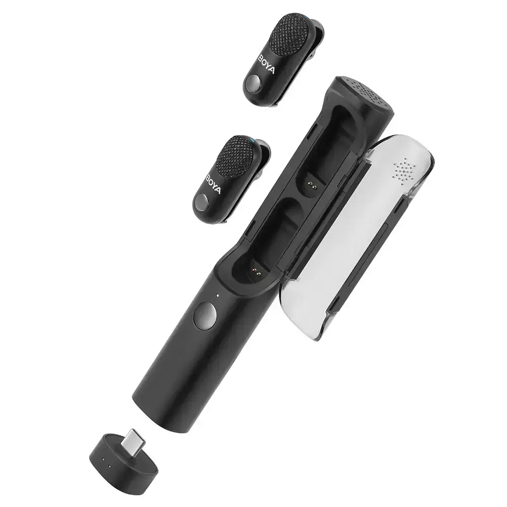 Microfone de Lapela BOYA Magic AI (2 TX + 1 RX + 1 RX Câmara + Estojo de Carregamento) 2.4GHz Wireless Preto