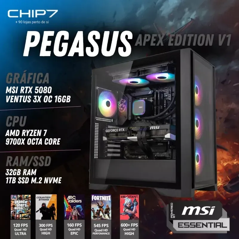 COMPUTADOR GAMING - AMD RYZEN 7 9700X / RTX 5080 16GB / 32GB RAM / 1TB SSD - CHIP7 PEGASUS APEX EDITION V1 Powered By MSI