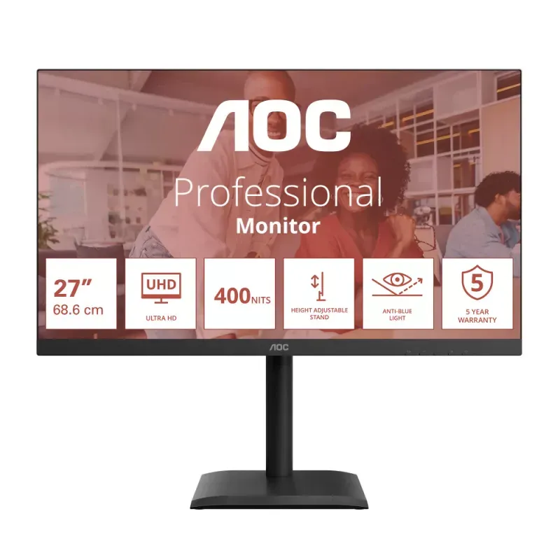 AOC MONITOR IPS 27" UHD 4K 60HZ HDMI DP USB-C COLUNAS HAS PIVOT U27E4CV