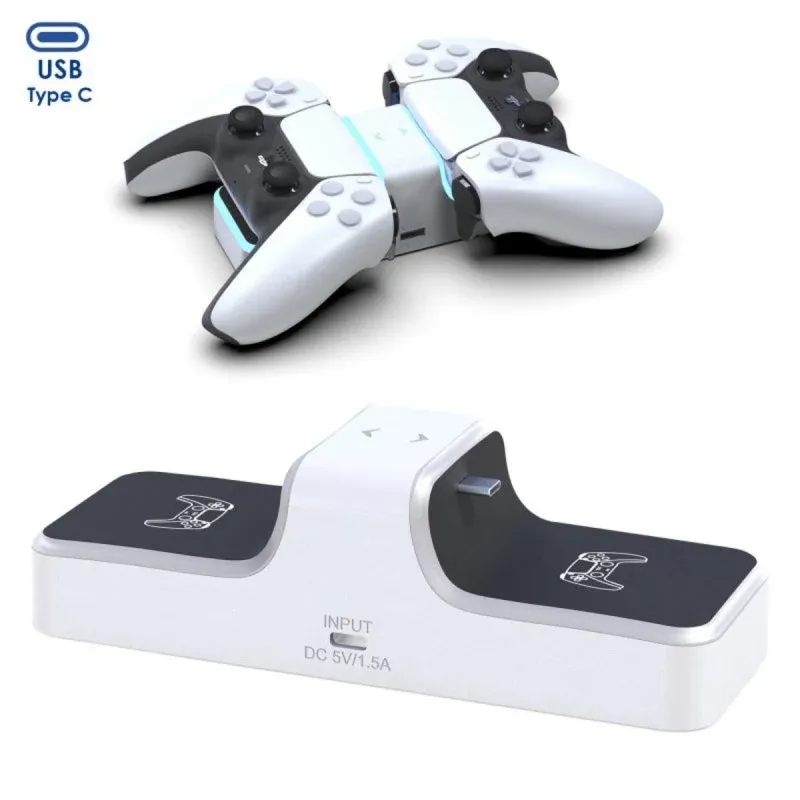 Dam Electronics DMAF0020C01 Carregador Duplo PS5 com Base Antiderrapante, Saída USB, Indicadores LED e Cabo USB-C