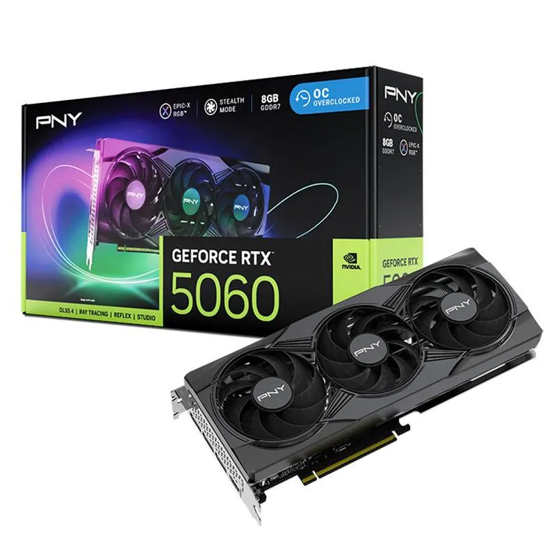 Placa Gráfica PNY NVIDIA GeForce RTX 5060 Blackwell ARGB EPIC-X RGB OC Triple Fan 8G GDDR7 DLSS4