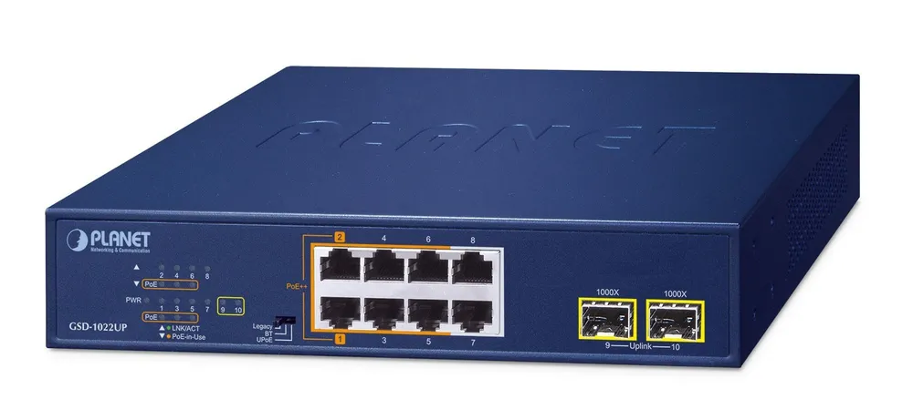 PLANET 2-Port 10/100/1000T 802.3bt Não-gerido Gigabit GSD-1022UP