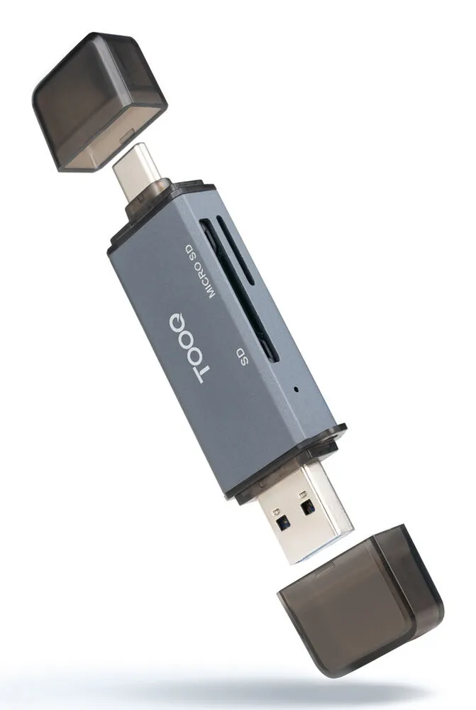 Leitor Cartões Tooq USB3.0 (USB-C+USB-A), SD/TF, Cinza