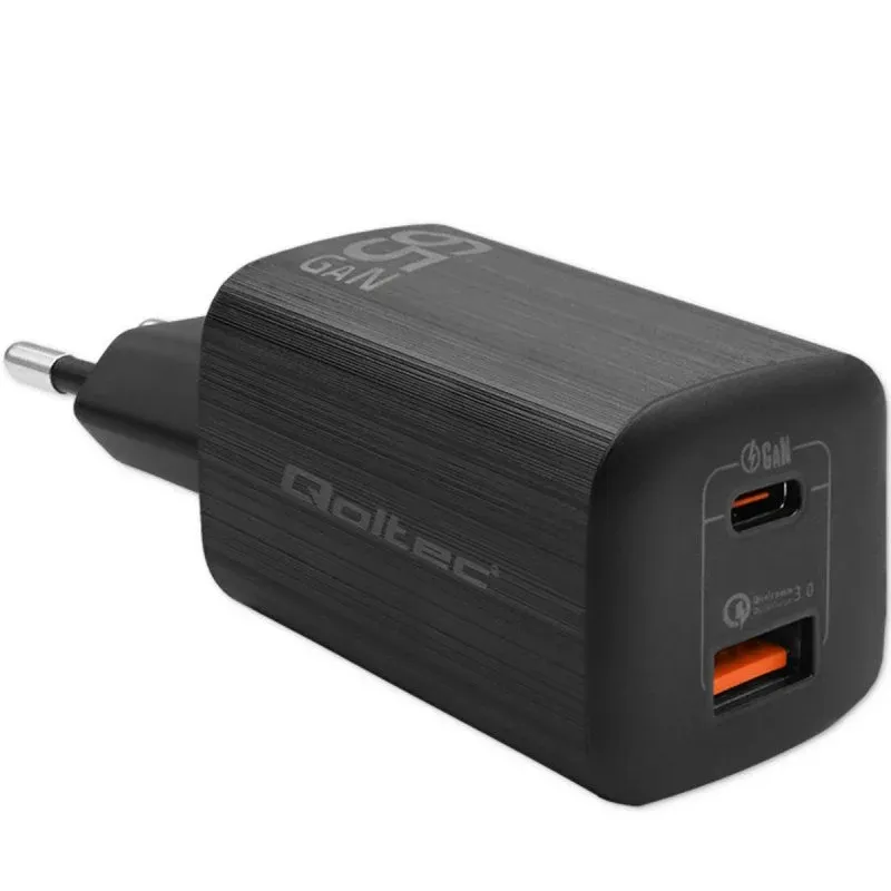 Fonte Alimentação Qoltec 50766 Fonte de Alimentação 65W com Carga Rápida Ultra Charge USB-C/USB-A Preta
