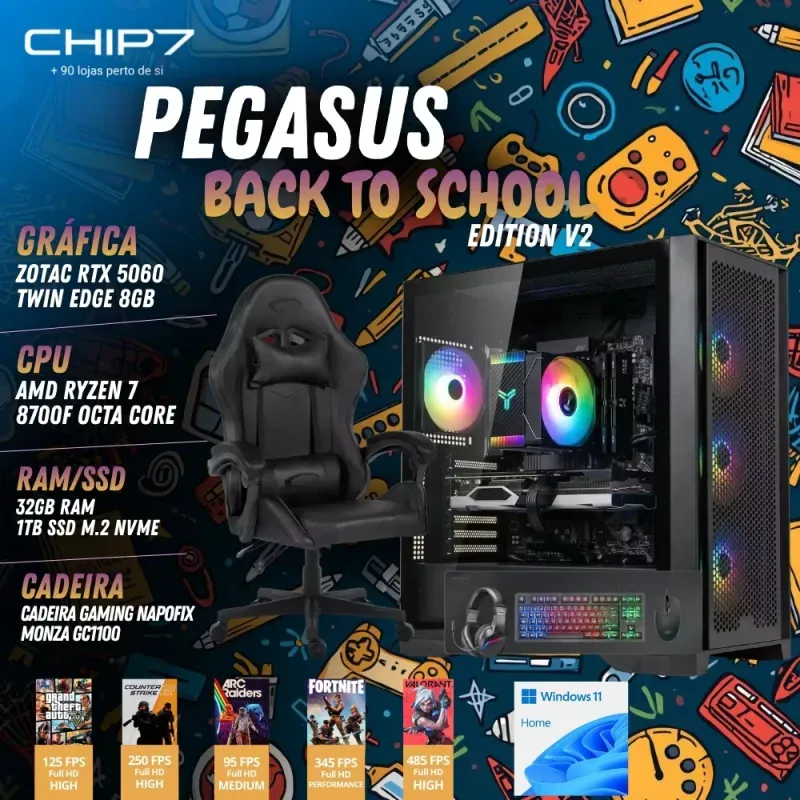 COMPUTADOR GAMING - AMD Ryzen 7 8700F / NVIDIA RTX 5060 8GB / 32GB RAM / 1TB SSD / Windows 11 Home / Cadeira Gaming Napofix Bari GC1100 / Bundle Mars Gaming MCPRGB3 - CHIP7 Pegasus Back To School Edition V2
