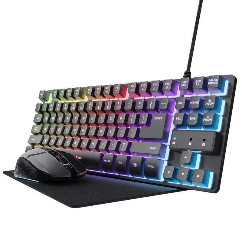 Trust GXT 794 Pack Gaming Preto Teclado TKL RGB + Rato Sem Fios RGB + Tapete