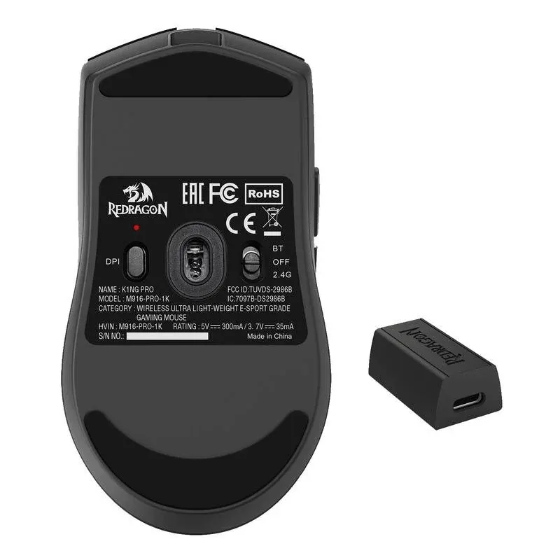 Rato REDRAGON M916-PRO-4K K1NG Wireless RF Bluetooth USB-C 26000 DPI Preto Ultra Leve