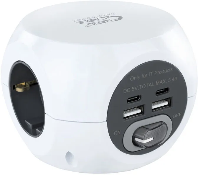 Base de 3 tomadas com 4 USB's (2 USB A / 2 USB-C) c/ interruptor