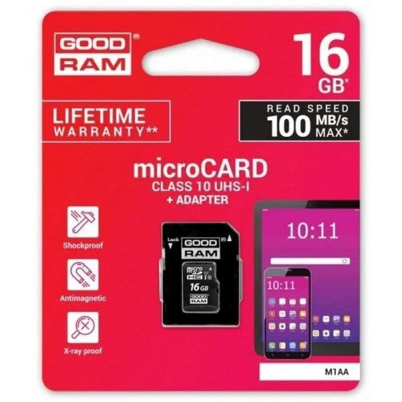 Cartão microSDHC Goodram M1AA 16GB UHS-I Adaptador SD Resistente Preto