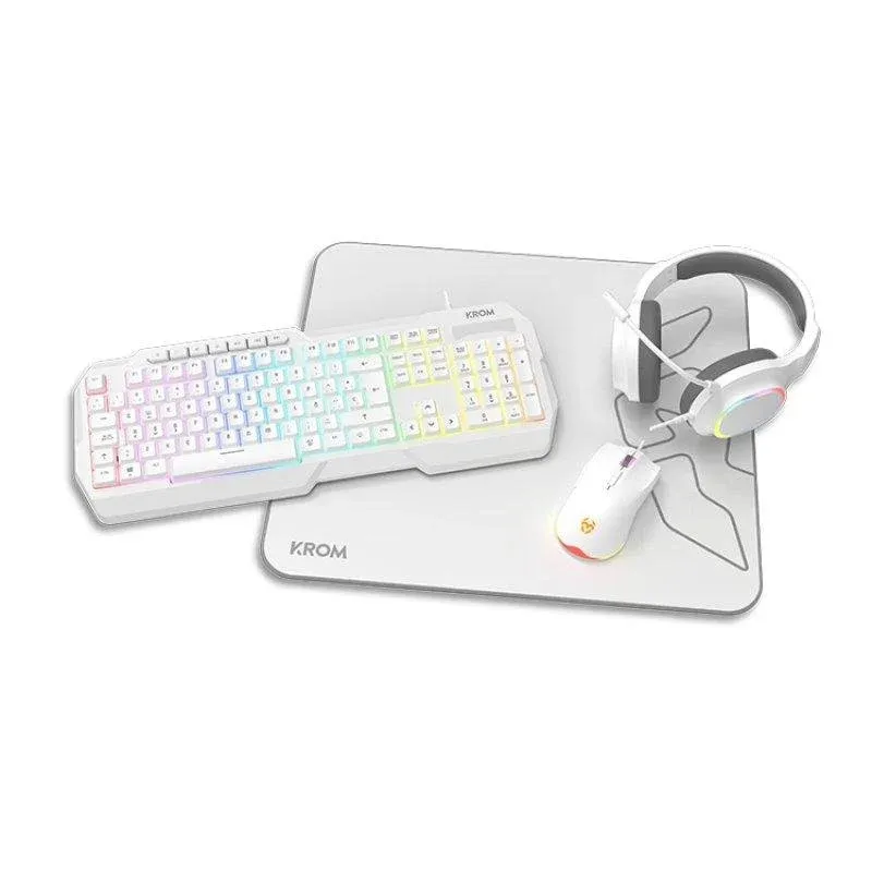 Teclado Krom Kenta Pack 4 em 1 membrana RGB branco com rato, headset e tapete