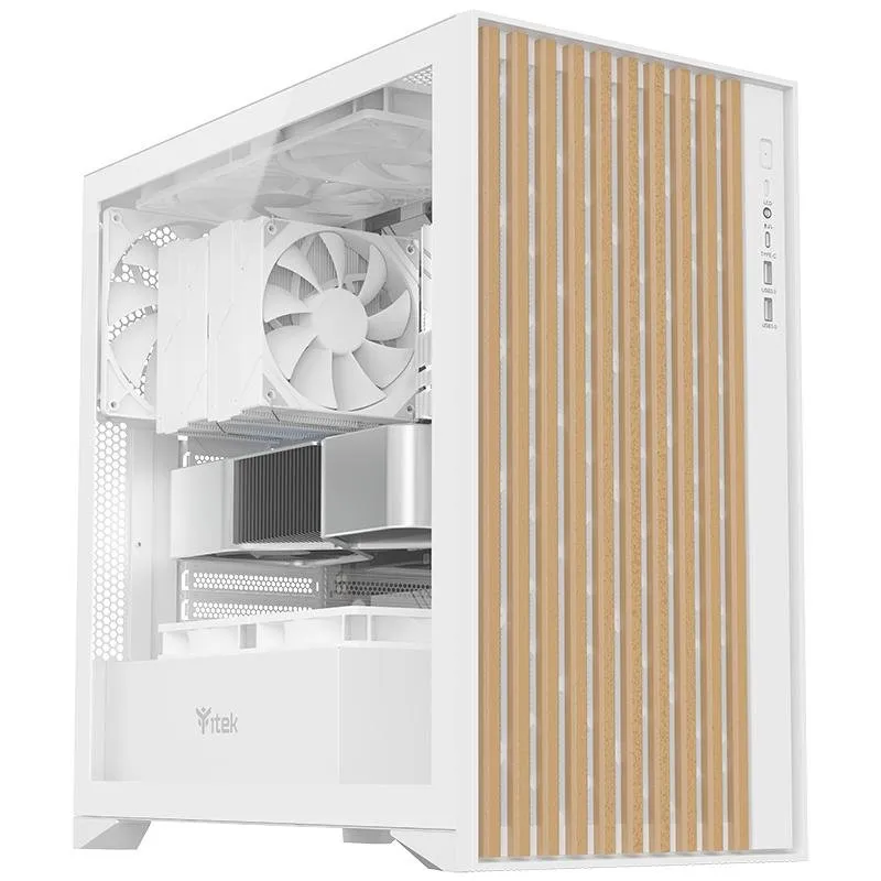 Torre ATX ITEK WOODY Branca Vidro Temperado USB-C Gaming Madeira