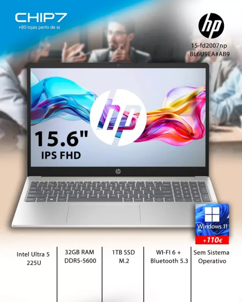 Portátil HP 15-fd2007np - Intel Ultra 5 225U / 32GB DDR5 / 1TB SSD / 15.6" IPS FHD / FreeDos / Cinza