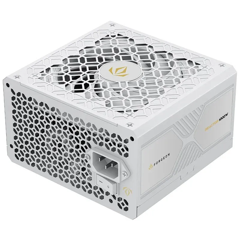 Fonte Alimentação Fonte de alimentação modular completa Forgeon Reactor 1000 Cybenetics Platinum ATX 3.1 PCIe 5.1, branca.