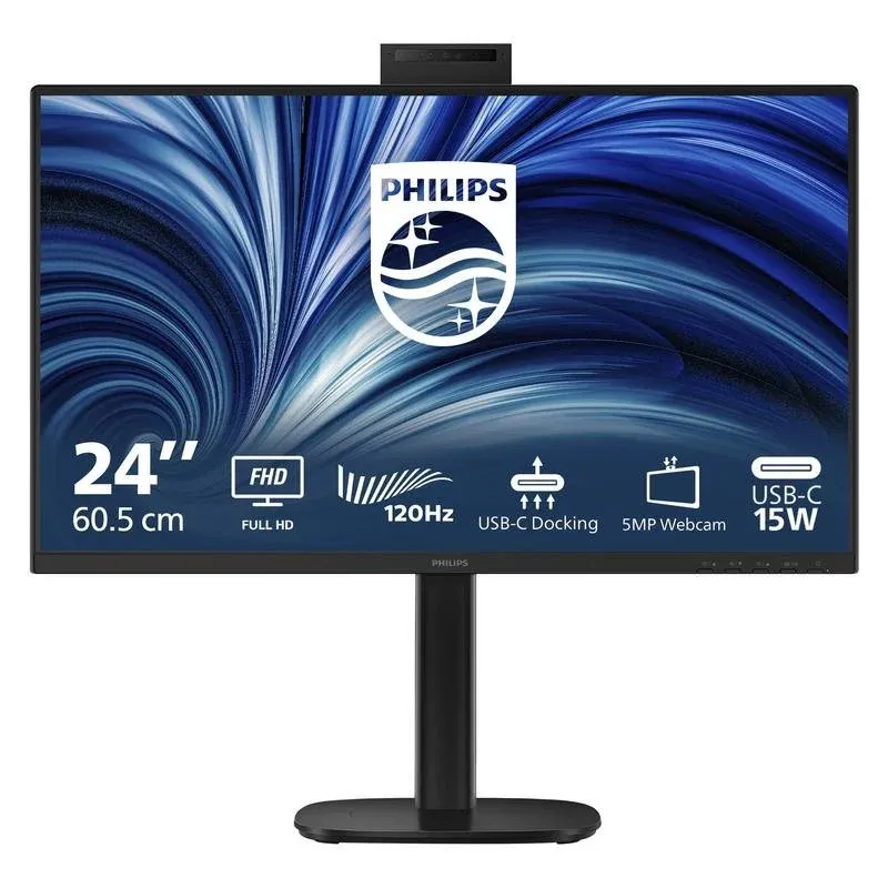 Monitor Philips 23,8" 24B2U3301H IPS FullHD 120Hz USB-C Altura Ajustável, Webcam, Altifalantes