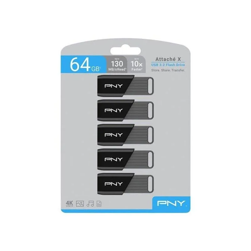 Pen USB PNY Attaché X 64 GB USB 3.2 Slide Preto e Cinzento Pack 5