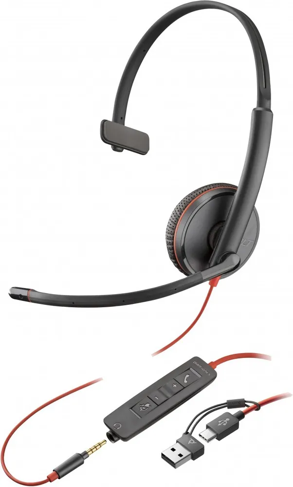 Auricular Poly Blackwire 3215 USB-C 3,5mm micrófono flexible adaptador USB-C/A Auricular
