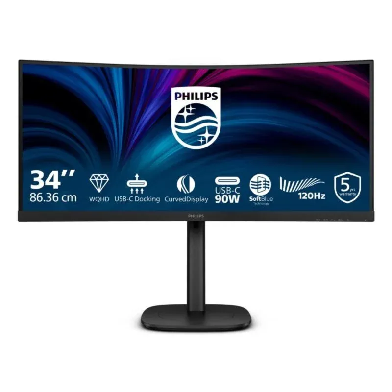 Philips 34B2U3600C/00 Monitor Curvo 34" UltraWide QHD 120Hz VA 4ms com KVM, USB-C e Altifalantes