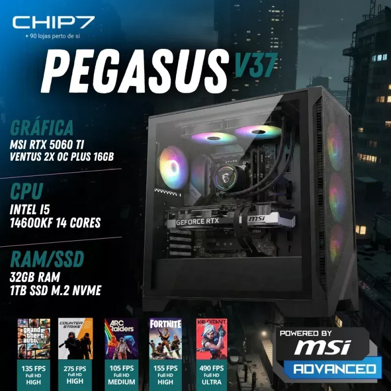 COMPUTADOR GAMING - Intel I5 14600KF / NVIDIA RTX 5060 TI 16GB / 32GB RAM / 1TB SSD - CHIP7 PEGASUS V37 Powered By MSI