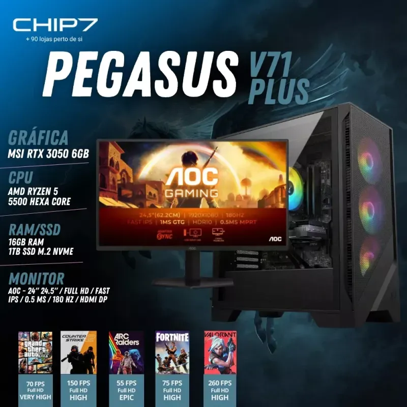 COMPUTADOR GAMING - AMD Ryzen 5 5500 / RTX 3050 6GB / 16GB RAM / 500GB SSD / Monitor AOC 24.5" FHD 0.5ms 180 Hz - CHIP7 PEGASUS V71 Plus Powered By MSI
