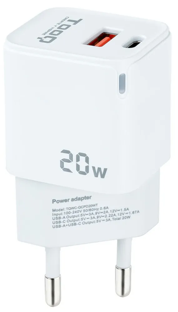 Carregador Tooq USB-C/PD 20W + USB-A/QC 20W Branco