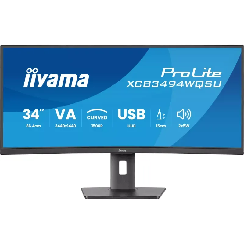 iiyama ProLite XCB3494WQSU-B1 - Monitor LED - curvo - 34" - 3440 x 1440 UWQHD @ 120 Hz - VA - 350 cd/m² - 3000:1 - 0.4 ms - HDMI, DisplayPort, USB-C - altifalantes - preto opaco