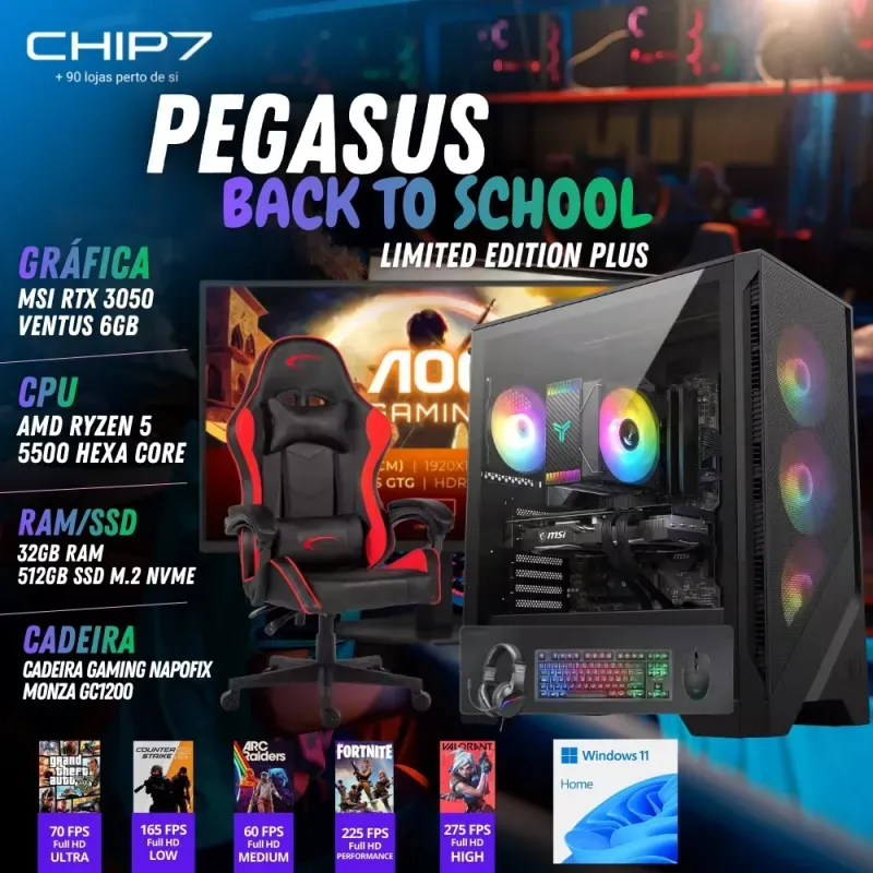 COMPUTADOR GAMING - AMD Ryzen 5 5500 / NVIDIA RTX 3050 6GB / 32GB RAM / 500GB SSD / Windows 11 Home / Cadeira Gaming Napofix Monza GC1200 / Bundle Mars Gaming MCPRGB3 / Monitor AOC 24.5" FHD 0.5ms 180 Hz - CHIP7 Pegasus Back To School Limited Edition Plus