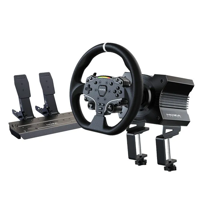 Conjunto MOZA Racing R5 ( Base Volante Direct Drive R5 + Volante ES + Pedais SR-P Lite + Suporte de Mesa R5)