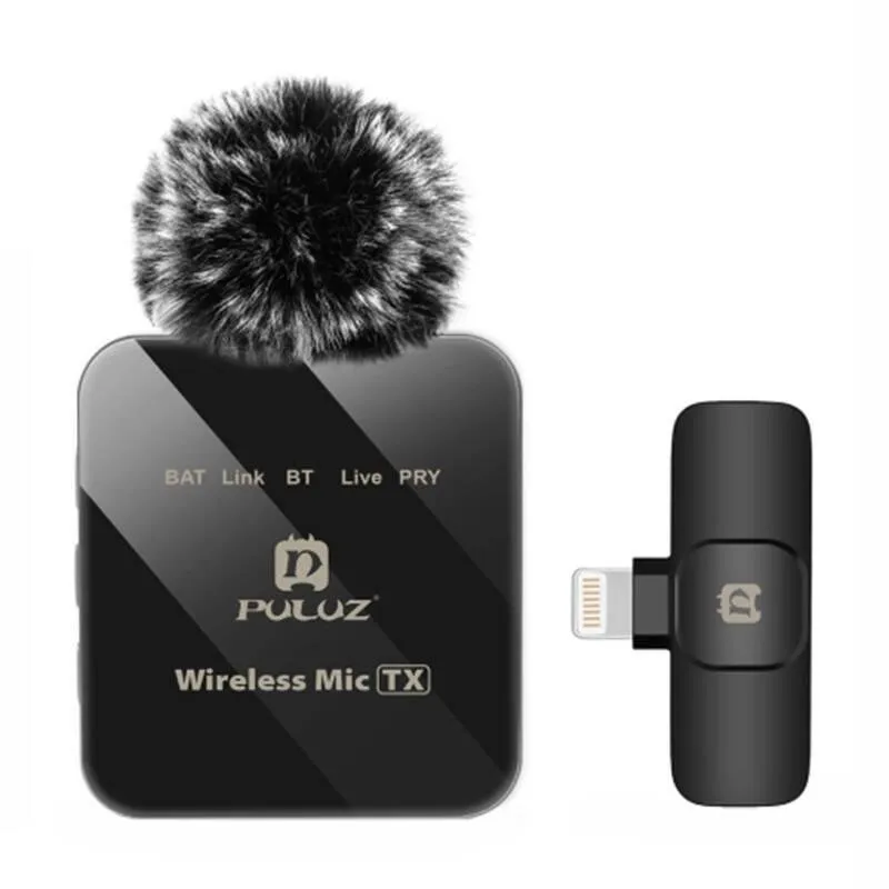 Microfone Puluz PU647B sem fios lavalier com ligação Lightning e cancelamento ENC