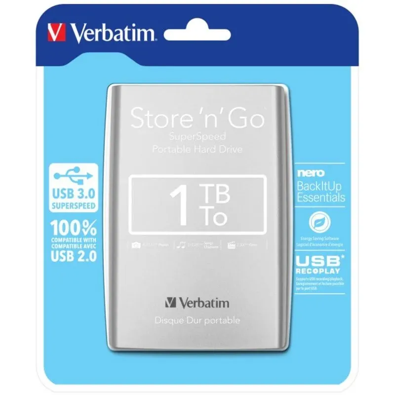 Disco Rígido Verbatim Store n Go HDD Portátil 1TB USB 3.0 2.5" Plug and Play Prateado