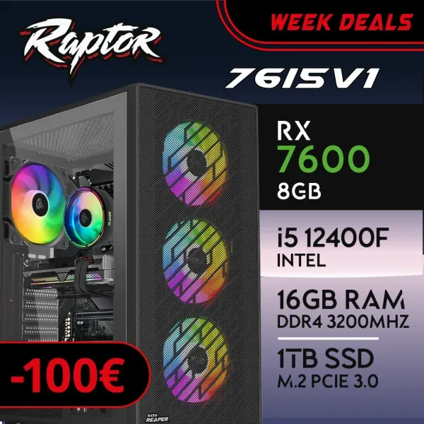 PC Gaming RAPTOR-76I5V1 - I5 12400F | RX7600 8GB | 16GB | M.2 1TB