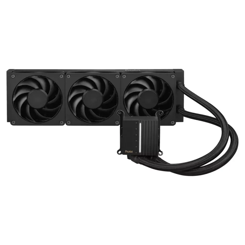 ProArt LC 360 all-in-one CPU liquid cooler with illuminated system status meter and three matte black Alphacool Apex Stealth Metal Power fans