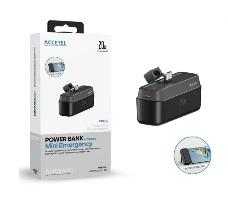 Power Bank Mini Type-C Carregamento Rápido Auxiliar 5000mAh 20W PD 3.0 - Preto