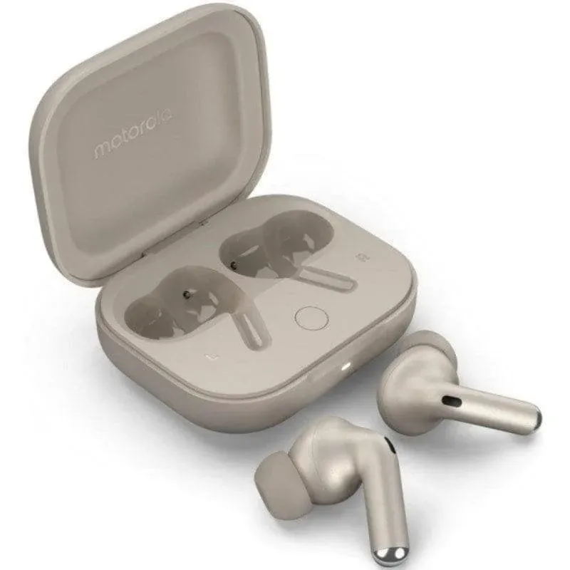 Auriculares Motorola Buds Plus sem fios Bluetooth com Cancelamento de Ruído, Sound by Bose, Dolby Atmos, carregamento sem fios, cor areia