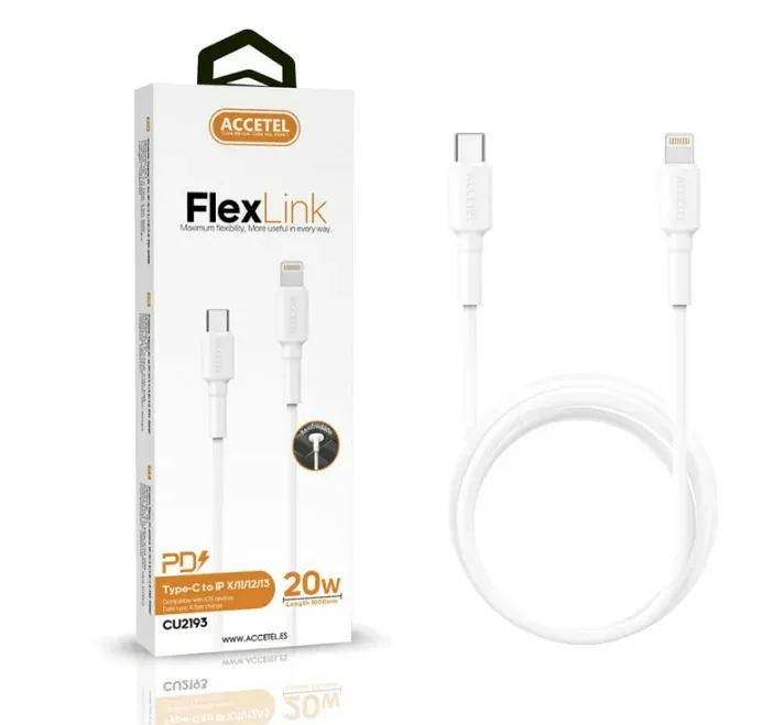 Cabo ACCETEL CU2193 PD 20W TPE Tipo-C Para Lightning Fast Charging (1M) Branco