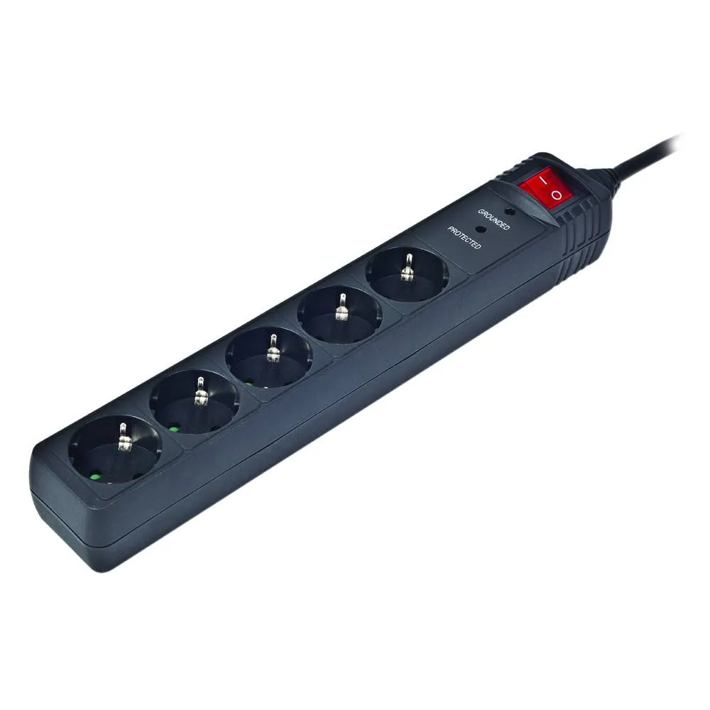 Régua Gembird SPG5-C-10 5 Tomadas Schuko 16A c/ Switch On/Off + Surge Protector Preta