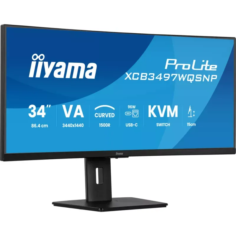 iiyama ProLite XCB3497WQSNP-B1 - Monitor LED - curvo - 34" - 3440 x 1440 UWQHD @ 120 Hz - VA - 350 cd/m² - 3000:1 - 0.4 ms - HDMI, DisplayPort, USB-C - altifalantes - preto opaco