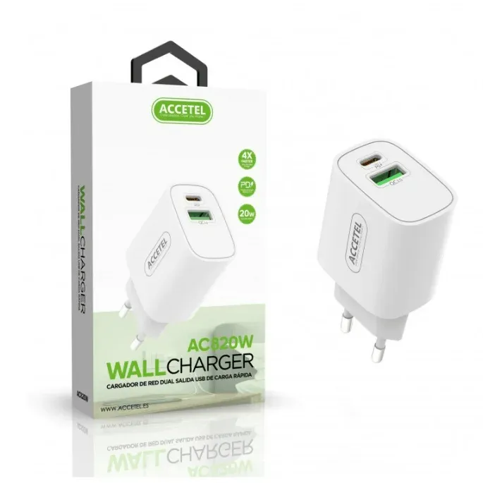 Carregador AC820W ACCETEL Dual Wall Fast Charging USB-C + USB-A Saída QC3.0/PD 20W