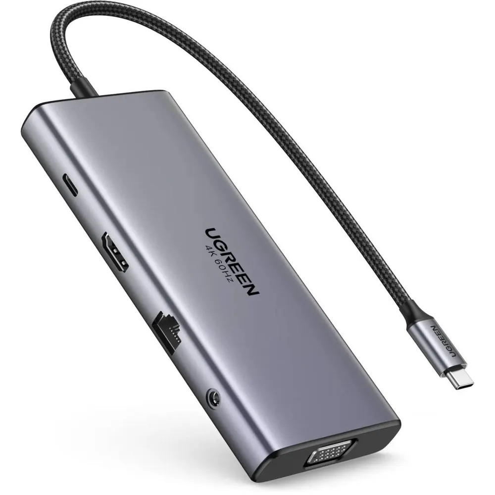 Adaptador USB-C UGREEN 11-em-1 (3x USB-C + 2x USB-A + 1x HDMI + 1x VGA + 1x RJ45 + SD/TF + Jack 3.5mm Cinza
