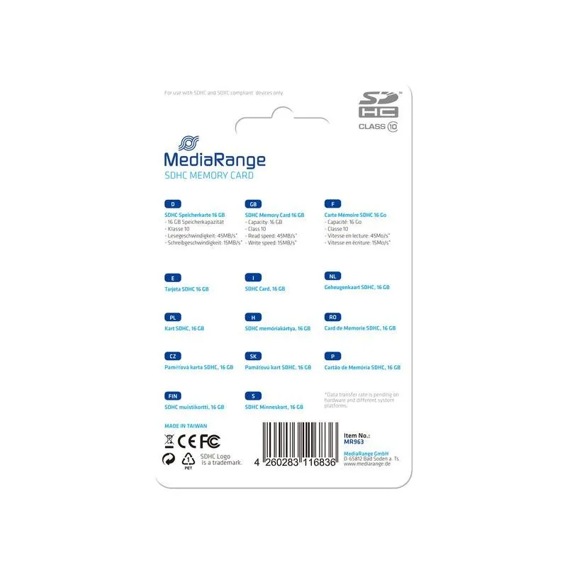Cartão de memória MEDIARANGE MR963 16 GB SDHC Classe 10 Azul