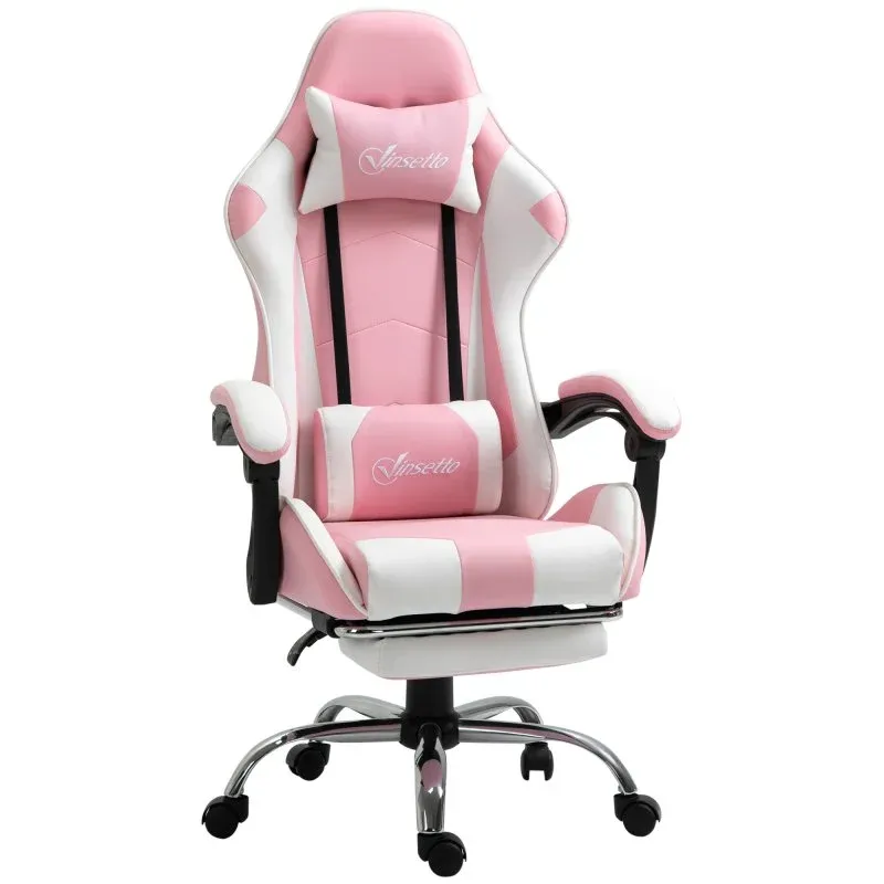 Cadeira Gaming Vinsetto Apoio de Cabeça Reclinável Apoio para os Pés 64x67x119-127 Cm Rosa